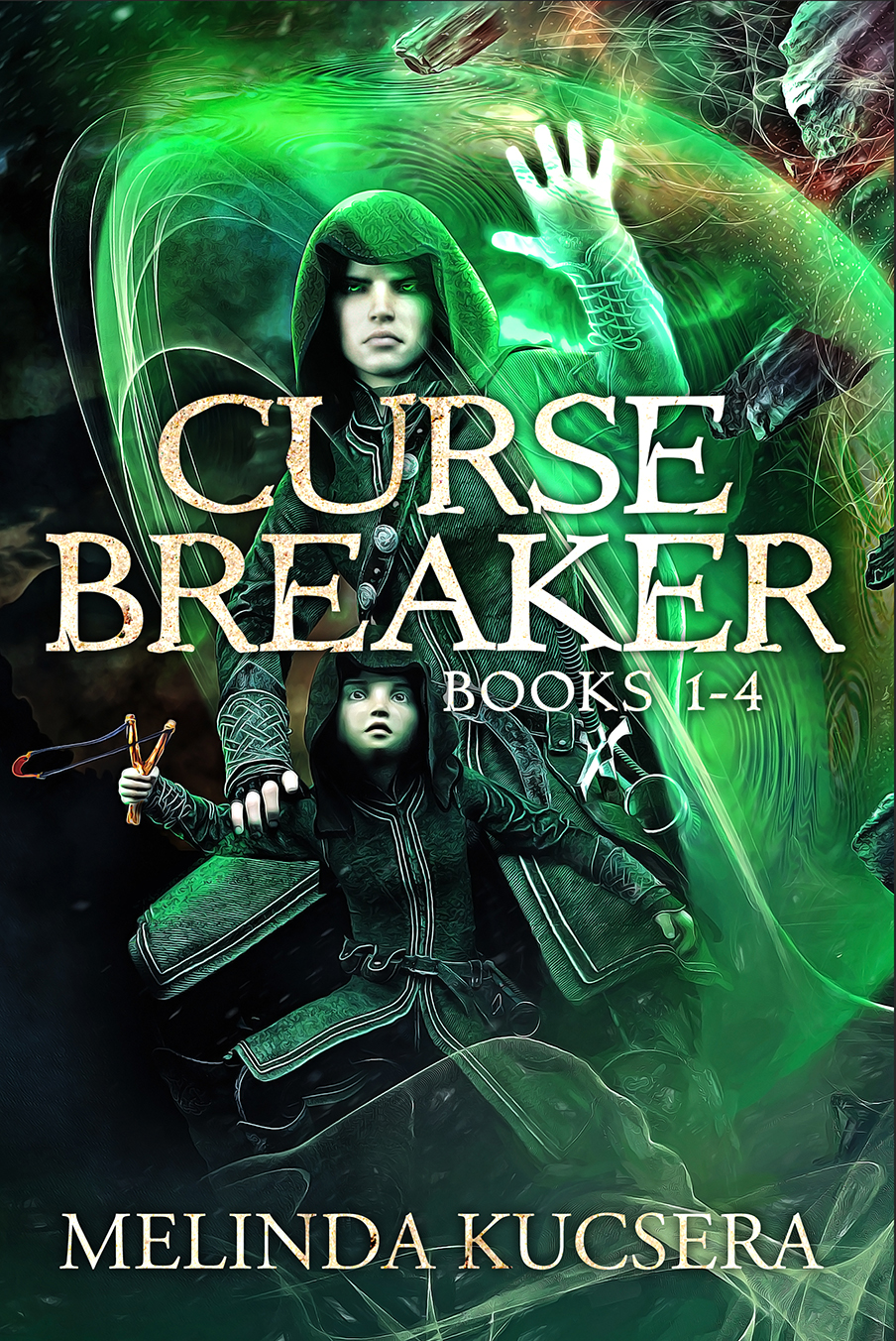 Book cover of Curse Breaker Books 1-4 by Melinda Kucsera, an epic fantasy novel featuring a mage and his son. This edition is no longer available was replaced by Curse Breaker Books 1-3 and Curse Breaker Books 4-6.