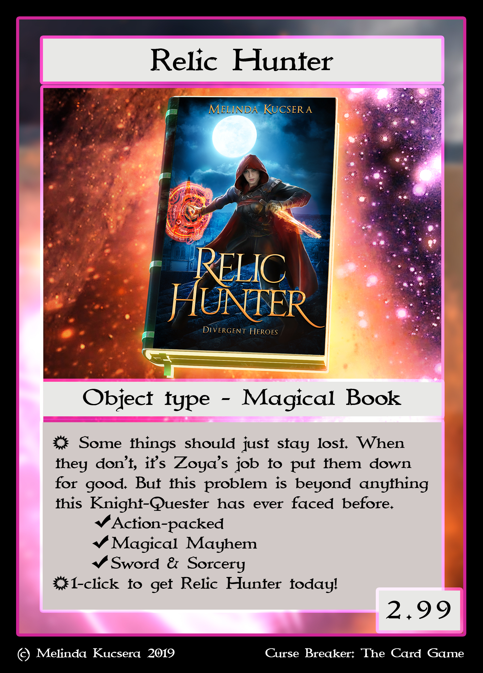 An image of a trading card featuring the epic fantasy book, Relic Hunter, by Melinda Kucsera.