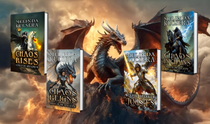 Kickstarter banner for Riders of the Apocalypse, a humorous fantasy series by Melinda Kucsera.