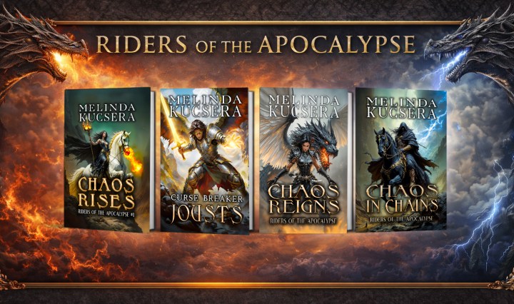 Kickstarter banner for Riders of the Apocalypse, a humorous fantasy series by Melinda Kucsera.