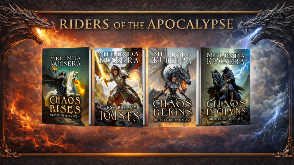 Kickstarter banner for Riders of the Apocalypse, a humorous fantasy series by Melinda Kucsera.