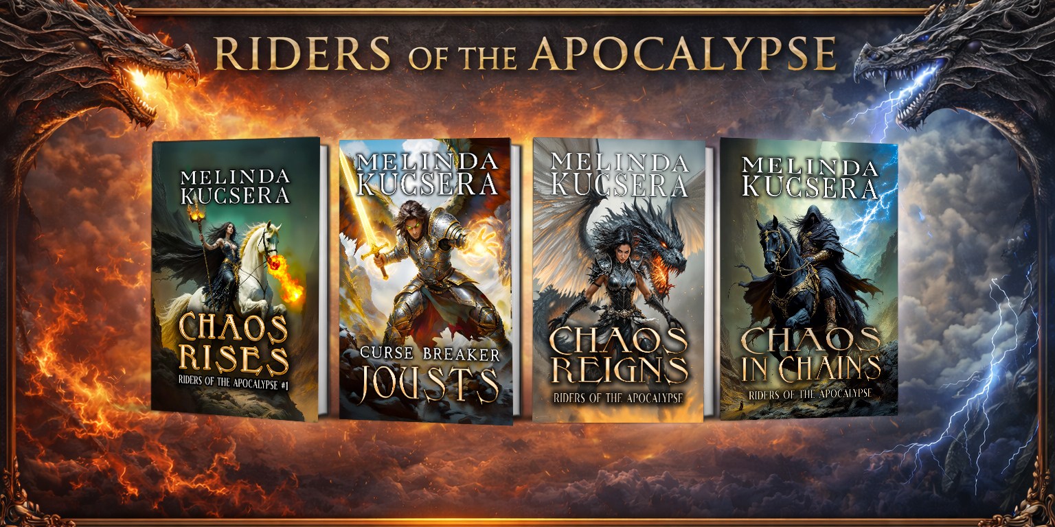 Kickstarter banner for Riders of the Apocalypse, a humorous fantasy series by Melinda Kucsera.