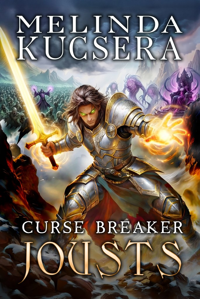 Book cover of Curse Breaker Jousts by Melinda Kucsera, an epic fantasy novel with cozy vibes featuring a warrior mage in armor.