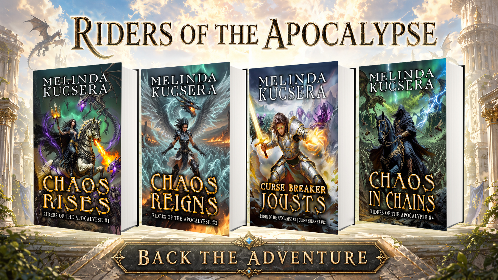 Kickstarter banner for Riders of the Apocalypse, a humorous fantasy series by Melinda Kucsera.