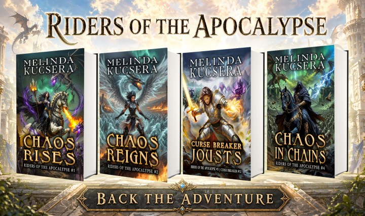 Kickstarter banner for Riders of the Apocalypse, a humorous fantasy series by Melinda Kucsera.