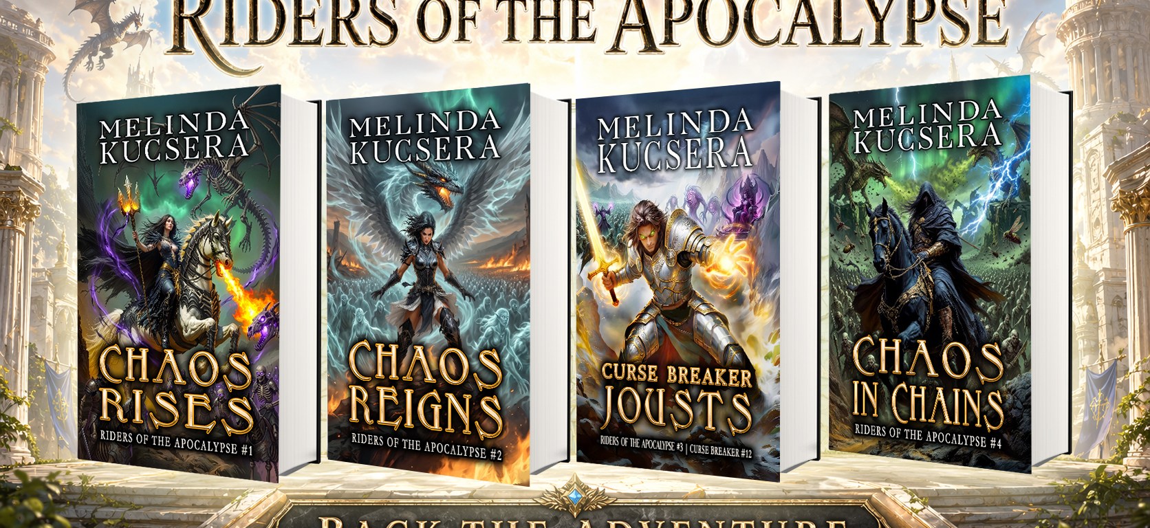 Kickstarter banner for Riders of the Apocalypse, a humorous fantasy series by Melinda Kucsera.